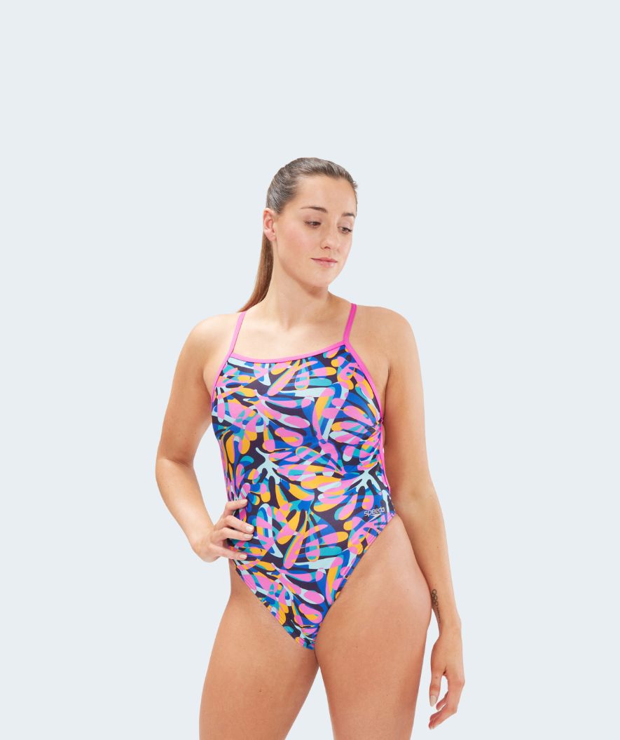 Speedo Badeanzug für Damen - Allover Digital V Back - Blau/Rosa