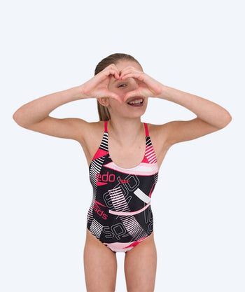 Speedo Badeanzug für Mädchen - Junglespeak Allover Tieback - Schwarz/Rot/Hellrosa