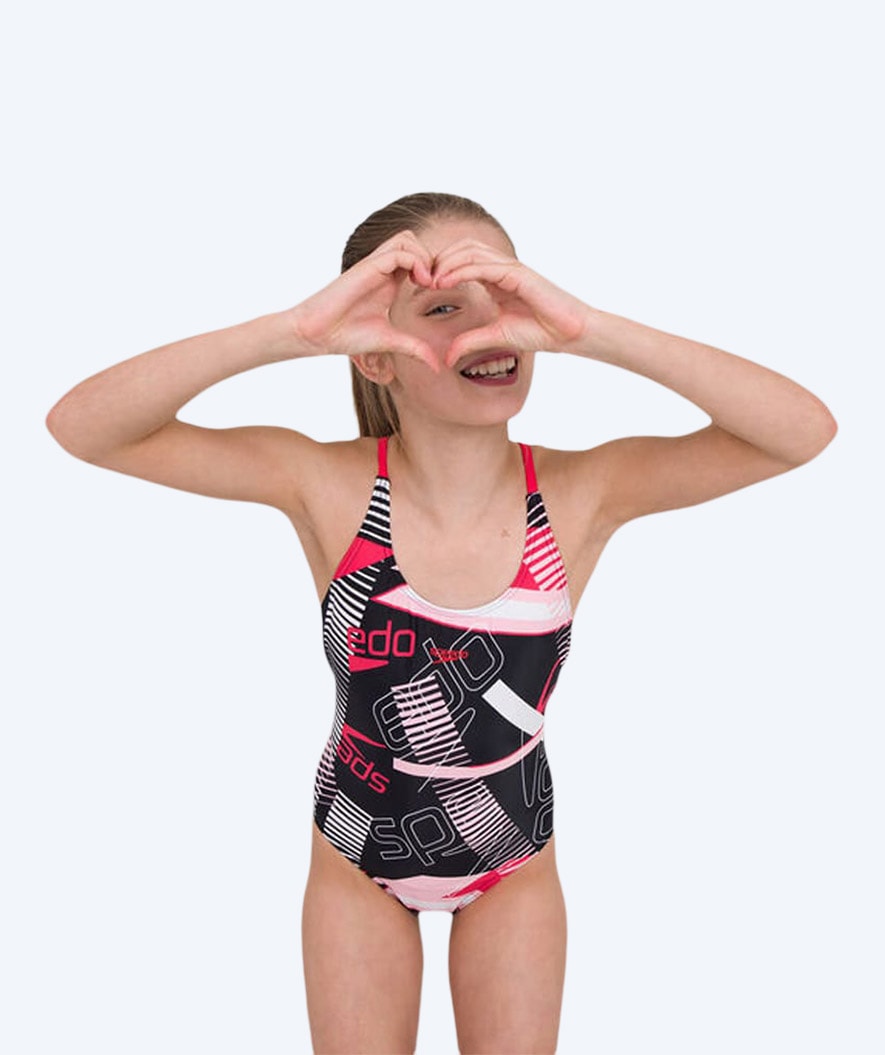 Speedo Badeanzug für Mädchen - Junglespeak Allover Tieback - Schwarz/Rot/Hellrosa